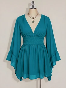 SHEIN ICON 大尺碼V領抓皺腰A字洋裝，喇叭袖，巧克力棕色，秋季，波希米亞風，度假，嬉皮，Y2K風格，遊牧氛圍，音樂節，女款 - 水鴨藍 - 查看 3
