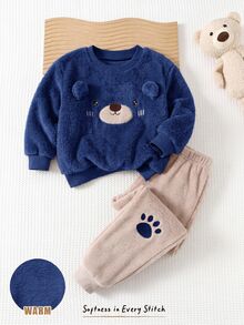 Cozy Pixies Kids Young Boy Cartoon Cute Pattern Thermal Lined Thick Crew Neck Long Sleeve Pullover Sweatshirt And Elastic Waist Autumn Winter Pants 2-Piece Set - Navy Blue - View 3
