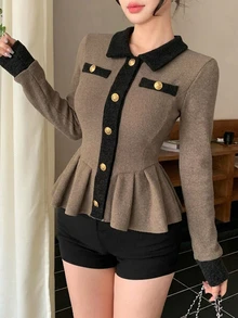 Joudiya Autumn/Winter Women's Casual Sweet Wedding T-Shirt With Ruffle Hem, Color Block Patchwork, Brown, Metal Buckle, Long Sleeve - Brown - View 4