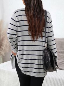 SHEIN LUNE 大尺碼女款純色白色全開襟開襟衫，附口袋，秋季返校商務休閒優雅款，冬季辦公通勤日常穿搭 - 灰色 - 查看 2