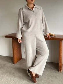 Dazy Plus Autumn/Winter New Style Lapel Casual Pants & Sweater 2 Pieces Set - Apricot - View 6