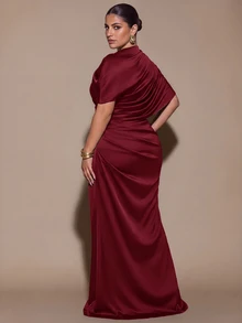 SHEIN BAE CURVE Plus Size Women's Elegant Brown Ruched Wrap Dress With Fishtail Hem Christmas - Burgundy - View 2