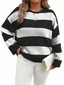 EMERY ROSE Plus Size Women Spring And Autumn Loose Round Neck Drop-Shoulder Long Sleeve Striped Casual Pullover Sweater, Winter Knit Pullover Fall - Black and White - View 1