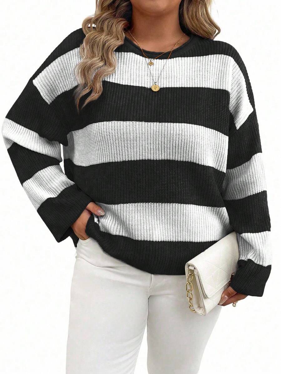 EMERY ROSE Plus Size Women Spring And Autumn Loose Round Neck Drop-Shoulder Long Sleeve Striped Casual Pullover Sweater, Winter Knit Pullover Fall - Black and White - View 1