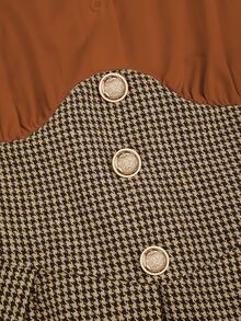 Sweetra Plus Size Colorblock 2 In 1 Houndstooth Cinched Waist Dress Women's Spring/Autumn Shirt Patchwork Pleated Dress, Autumn/Winter Wear Fall - Multicolor - View 8
