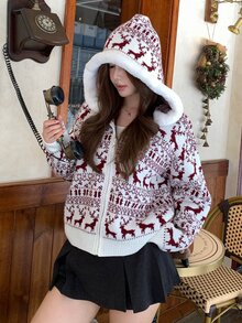 DAZY Women's All-Over Print Casual Versatile Daily Wear Hooded Cardigan - Beige - View 12
