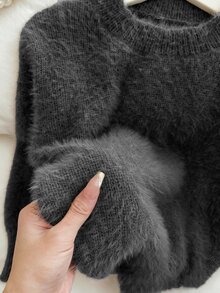 SHEIN 女童素色圓領休閒日常長袖針織衫 - 深灰色 - 查看 5