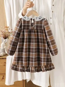 Girls' Vintage Brown Plaid Long Sleeve Princess Dress With Lapel Collar, Pastoral Style - Multicolor - View 4