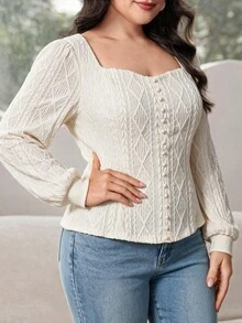 Modelyn Plus Size Sweet Elegant Button Jacquard T-Shirt - Apricot - View 5