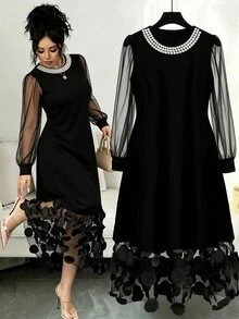 Elenzga Plus Size Beaded Contrast Mesh Elegant Party Dress - Black - View 1