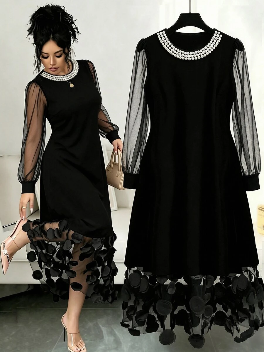 Elenzga Plus Size Beaded Contrast Mesh Elegant Party Dress - Black - View 1