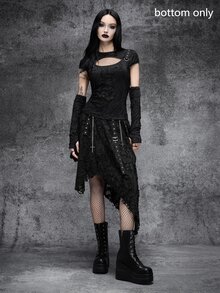 Cryptelle Rok Rajut Tekstur Gothic Hitam Wanita dengan Hem Asimetris dan Rumbai, Pakaian Halloween Musim Gugur/Dingin - Hitam - View 5