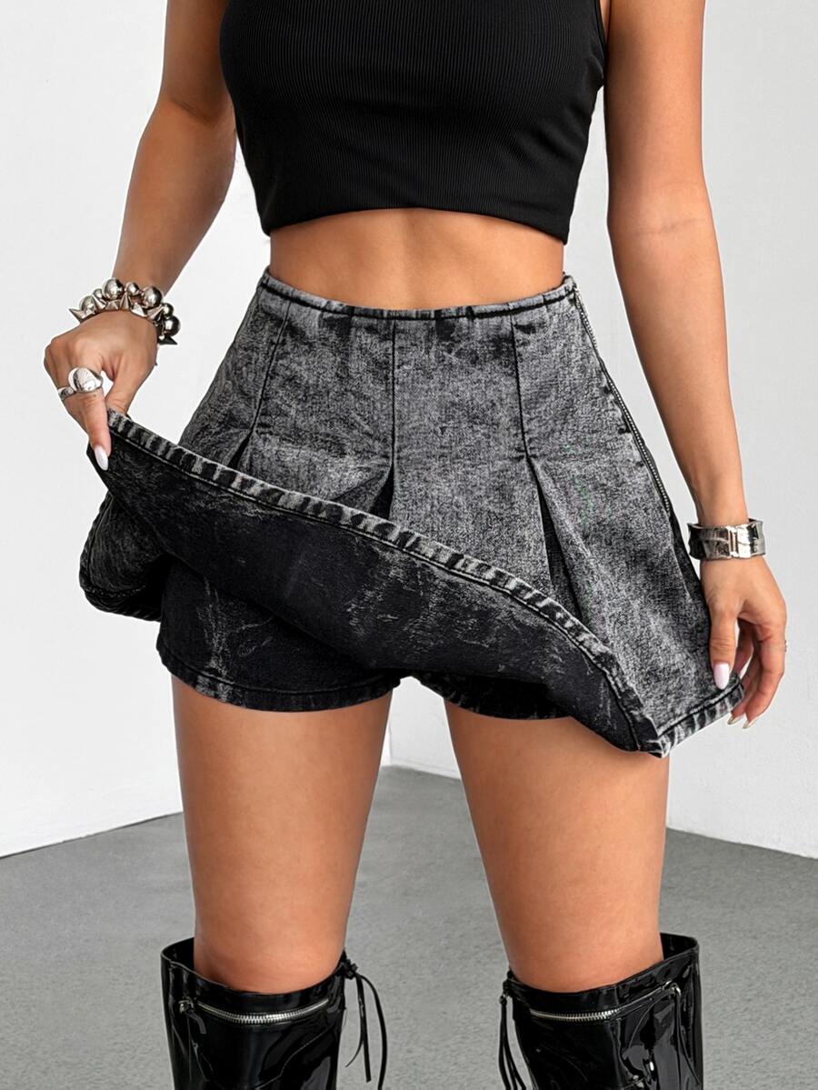 Jeanoix Plus Size Y2K Fashion Denim Pleated Skort - Grey - View 1