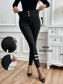 SHEIN Clasi 女款高腰休閒百搭日常穿著長褲 - 黑色 - 查看 1