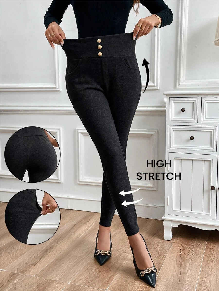 SHEIN Clasi 女款高腰休閒百搭日常穿著長褲 - 黑色 - 查看 1