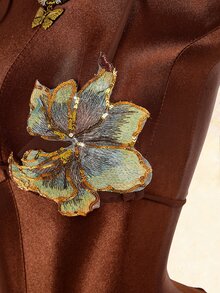 Amplova Women's 3 Pieces Swimwear Set With 3D Floral Butterfly Orchid Bra Cups, Solid Color Lining, Ruffle Hem Cover-Up And Front Center Knot - Brown - View 5