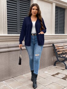 SHEIN LUNE كارديجان مقاس كبير بلون موحد بجيوب مزدوجة للربيع والخريف والشتاء - أزرق غامق - مشاهدة 5