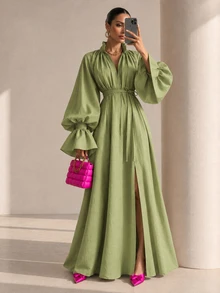 Structelle Women's Casual Raglan Puff Lantern Sleeve Dress With Cuffed Frill Trim, V-Neck Mock Collar With Tie Design, Straight Loose Fit Long Robe Dress - Green - View 3