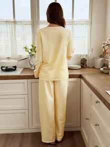 Snug Reverie French Fresh Yellow & White Plaid Lace Peter Pan Collar Long Sleeve Pajama Set - Yellow - View 2
