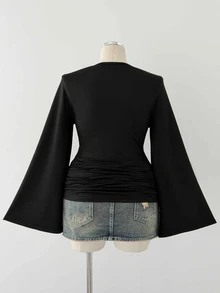 Sunspun European Women's Plus Size Sexy V-Neck Ruched Long Sleeve T-Shirt Slim Fit Cropped Top - Black - View 2