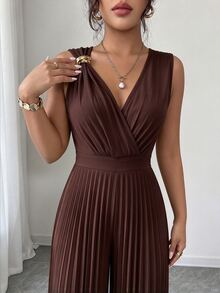 Elenzga 女款春夏優雅通勤黃色V領無袖金屬扣褶皺收腰修身連身褲 - 棕色 - 查看 4