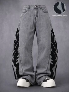 Manfinity Denimwave 男士復古側邊黑色抽象毛巾刺繡寬鬆寬腿牛仔褲，Y2K度假派對灰色秋季街頭風長褲 - 淺灰色 - 查看 1
