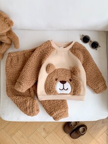 SHEIN 男嬰秋冬保暖內裡加厚棕色泰迪熊可愛毛絨套裝，適合節日、聖誕節、萬聖節禮物 - 棕色 - 查看 6