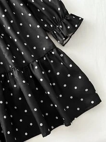 SHEIN Young Girl Woven Cute Kids Casual Polka Dot Pattern Ruffle Style Dress, Long Sleeve Dress, Suitable For Summer And Autumn, Perfect For Casual Daily - Black - View 4