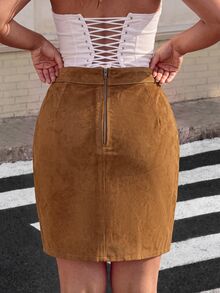 Jeanoix Y2K Women's Sexy Hem Slit Denim Skirt - Brown - View 2