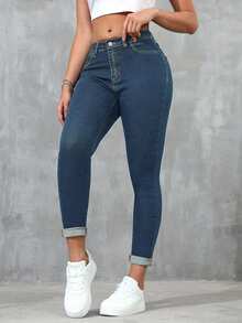 Jeanoix 大尺碼女款經典藍色丹寧緊身牛仔褲 春季 - 藍色 - 查看 3