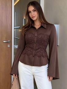 Elenzga Women's Plus Size Spring/Autumn 1pc Lapel Front Lace Patchwork Flared Long Sleeve Waist-Cinching Blouse, Mature Style For Date And Commute Fall - Brown - View 7