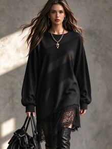 INAWLY Women's Fashion Elegant Casual Vacation Solid Color Long Sleeve Lace Hem Patchwork Dress - Black - View 1