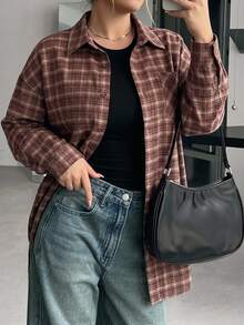 Livesso Curve Thick Plaid Loose Collar Pocket Button-Up Long Sleeve Shirt Plus Size Women Street Style - Pink - View 5