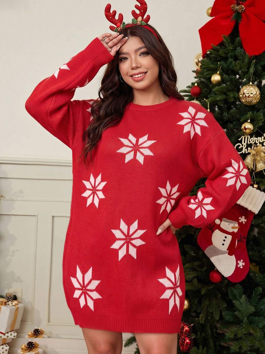 SHEIN Clasi CURVE Plus Size Women's Christmas Red Snowflake Jacquard ...