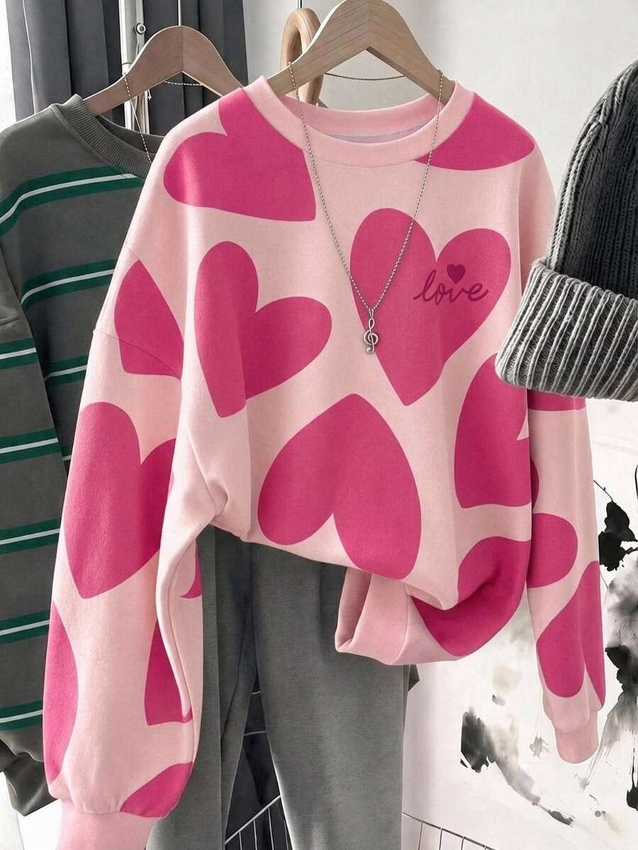 SHEIN LUNE 女款休閒圓領寬鬆衛衣,愛心印花,秋季服飾,適合日常通勤、聚會、夏季、聖誕節、新年、感恩節、派對、婚禮、海灘、出遊、約會、情人節,優雅,度假,Y2K - 白色 - 查看 1