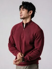 Marcello Vane 休閒時尚百搭純色寬鬆版型長袖男士毛衣 男士四分之一拉鍊毛衣 男士小立領毛衣 男士棕色毛衣，秋冬款 - 酒紅色 - 查看 4
