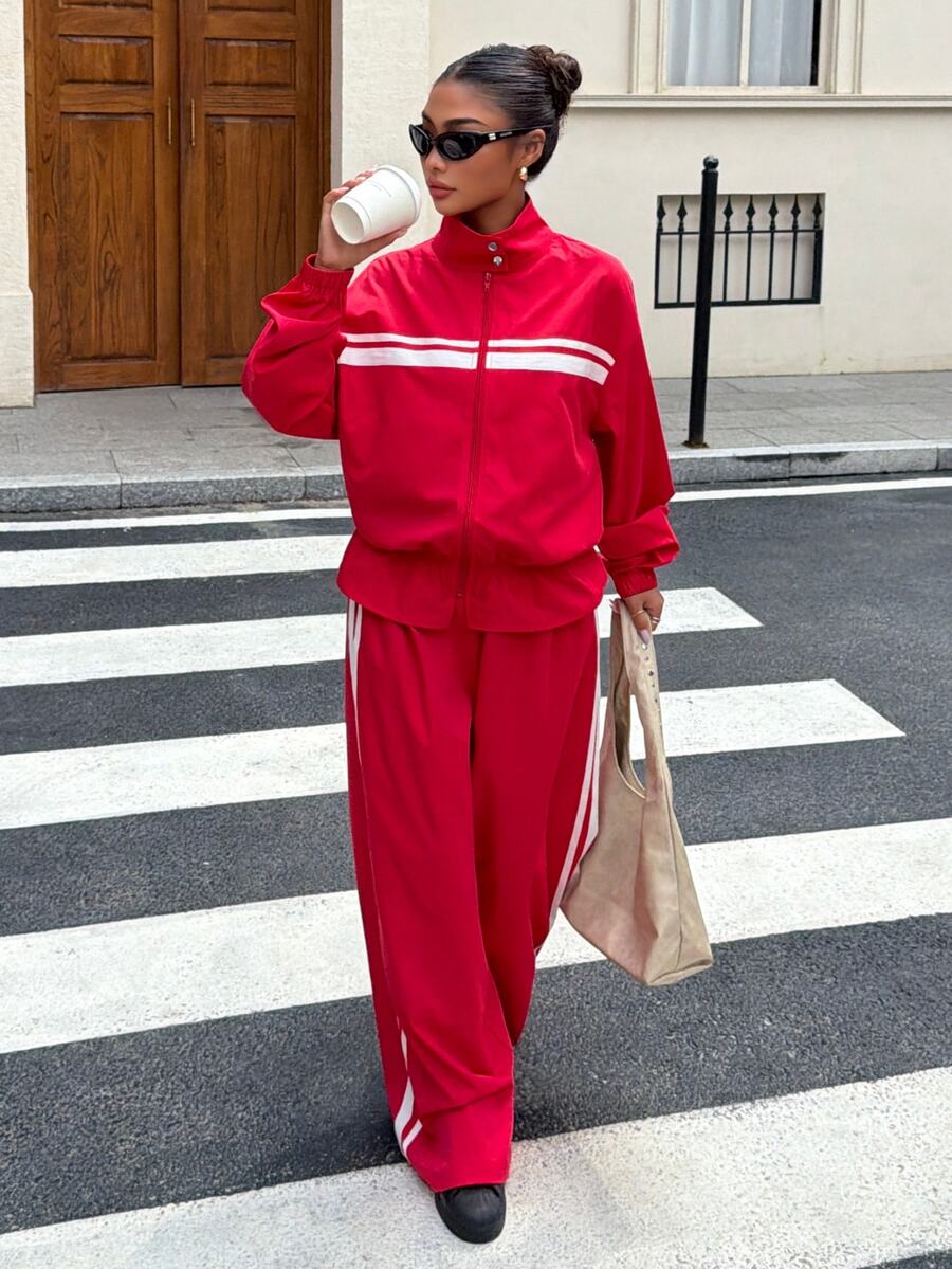 Muchica Women's New Autumn Red Open Front Jacket And Pants Set For Going Out, Streetwear, Y2K,Fall Clothes For Women - Red - View 1