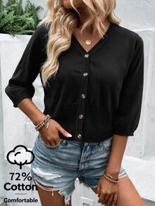 SHEIN Holidaya Cardigan Rajut Pendek Wanita Model V Neck Puff, Atasan Sweater Rajut Polos dengan Kancing Depan - Hitam - View 8