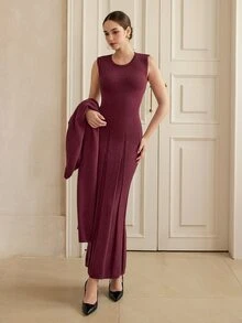 Graceveil Women's Solid Color Dress And Cardigan Casual Knit 2 Pieces Set - Burgundy - View 8