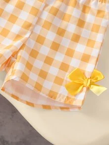 SHEIN 2件組幼女背心上衣+短褲，甜美可愛白色黃色檸檬印花格紋蝴蝶結，無袖圓領，度假海灘夏季生日女孩假期穿搭 - 黃色 - 查看 13