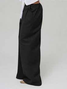 MUSERA 米色低腰百褶長褲 秋冬酷女孩返校風 - 黑色 - 查看 3