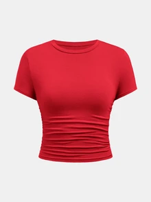 SHEIN Girlism 青少年女孩休閒日常兒童修身淺藍色抓皺圓領上衣與抓皺腰寬腿褲套裝 - 紅色 - 查看 5