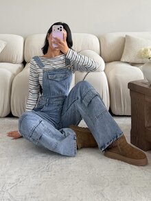 Rivivi Women's Button Design Cargo Pocket Wide Leg Casual Denim Overalls - Blue - View 7