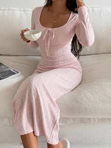 DAZY Floral Print Fitted Square Neck Long Sleeve Cinched Waist Long Dress Nightgown For Women - Pink - View 6
