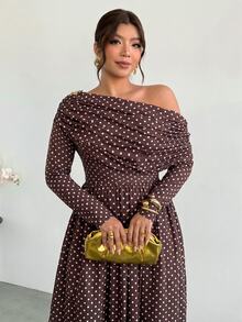 Firerie Plus Size Women's Autumn/Winter Long Sleeve Polka Dot Print Brown Asymmetrical Shoulder Dress - Multicolor - View 1