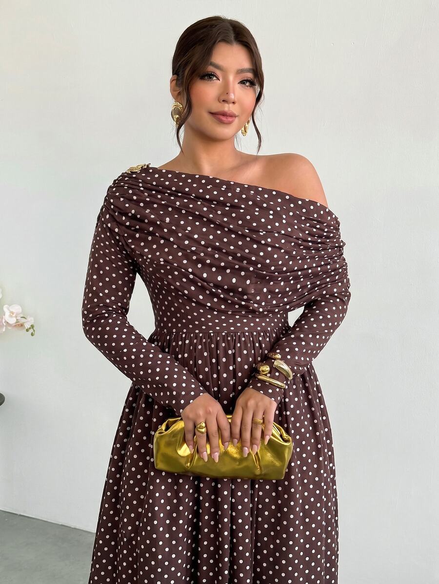 Firerie Plus Size Women's Autumn/Winter Long Sleeve Polka Dot Print Brown Asymmetrical Shoulder Dress - Multicolor - View 1