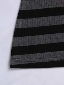 SHEIN CURVE+ Plus Size Women Black & Gray Striped Half-Button Hooded Top, Casual Drawstring Long Sleeve T-Shirt, Autumn/Winter Style - Grey - View 6