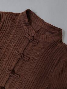 Linhara CURVE Plus Solid Rib-Knit Frog Button Front Dress - Brown - View 4