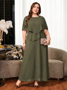 Reflora Plus Size Elegant Solid Color Party Dress - Army Green - View 7