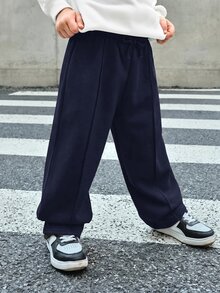 SHEIN Bubblio 兒童小男孩純色抽繩腰寬腿寬鬆休閒運動長褲 - 藏蓝色 - 查看 8